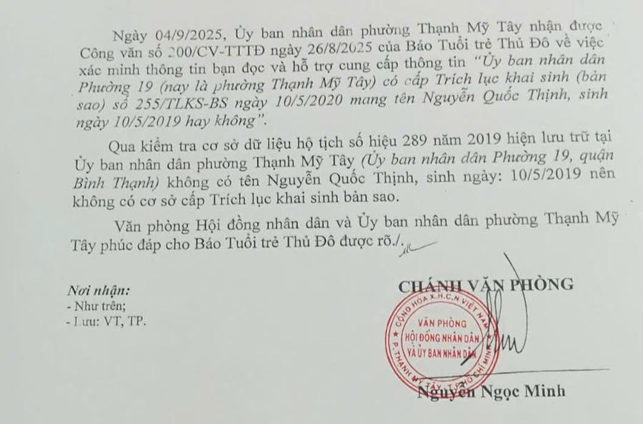 Văn bản do Phường Thạnh Mỹ Tây (TP HCM) phúc đáp thông tin đến Báo Tuổi trẻ Thủ Đô . (ảnh: NVCC)