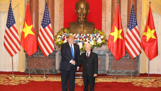 Tổng bí thư, Chủ tịch nước tại cuộc hội đàm với Tổng thống Mỹ Donald Trump - Ảnh: Gia Linh.