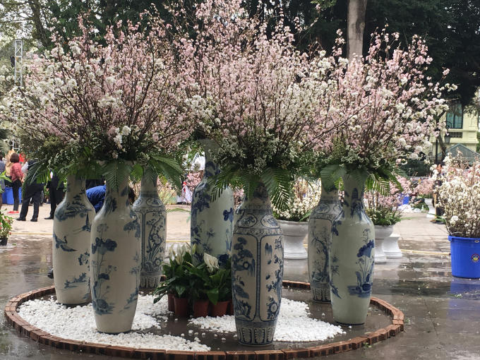 Kèm đó là những bình hoa anh đào sắc hồng phớt.