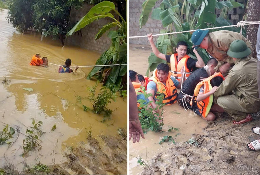 Lực lượng Công an đã đưa được 6 người thoát khỏi vùng nguy hiểm - Ảnh Công an Thanh Hóa.