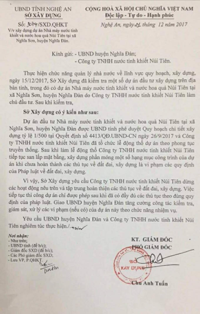 Công văn Sở Xây dựng Nghệ An nêu rõ, dự án vẫn chưa hoàn thành các thủ tục về đất đai, xây dựng theo quy định của pháp luật.