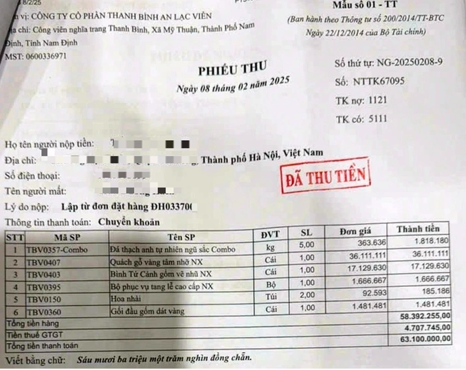 Một phiếu thu tiền thanh toán với giá trị hơn 63 triệu đồng khi làm dịch vụ hỏa thiêu cho người quá cố ở Công ty Thanh Bình (Ảnh: Người dân cung cấp).