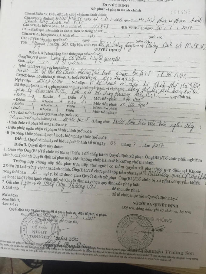 Quyết định xử phạt PCCC đối với bar F Club Hà Nội