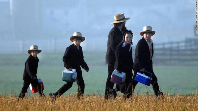 Trẻ em trong cộng đồng Amish thường chỉ học đến lớp 8 và hầu hết theo học trường tư của riêng họ. Chỉ có khoảng 10% theo học trường công. Đến năm 14 tuổi, bọn trẻ đã có quyền nghỉ học. Quy định này được xác nhận bởi phán quyết vào năm 1972 của Tòa án Tối cao Hoa Kỳ.