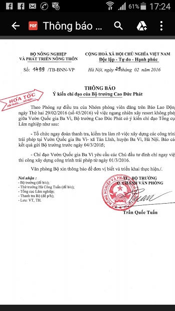 Công văn hỏa tốc của Bộ NNPTNT thông báo ý kiến chỉ đạo của Bộ trưởng Cao Đức Phát về vụ việc.