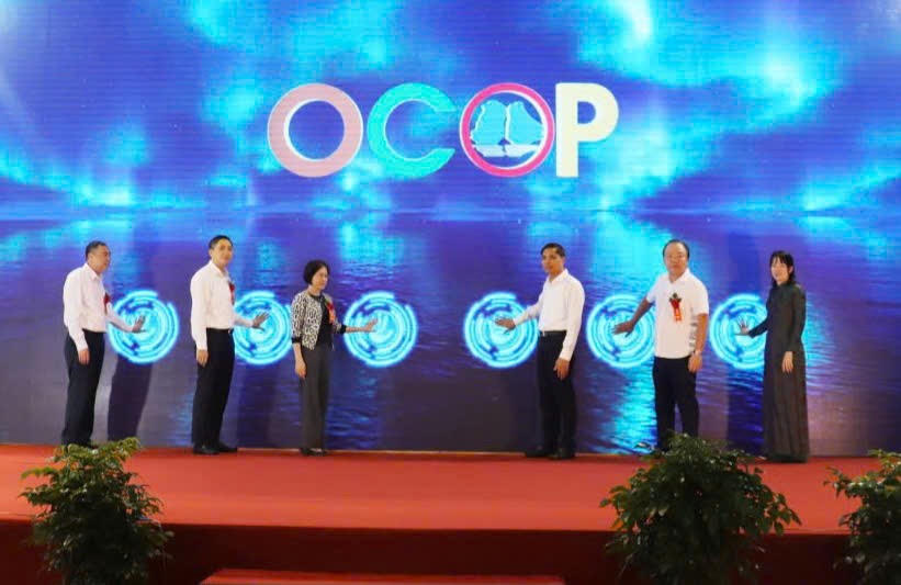 Các đại biểu bấm nút khai mạc hội chợ OCOP khu vực Đồng bằng sông Hồng - Quảng Ninh 2025