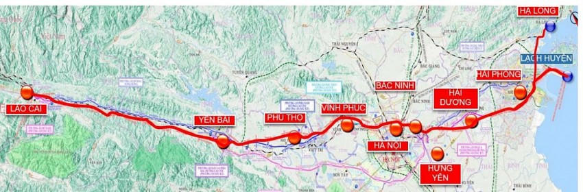 Sơ đồ toàn tuyến đường sắt Lào Cai - Hà Nội - Hải Phòng