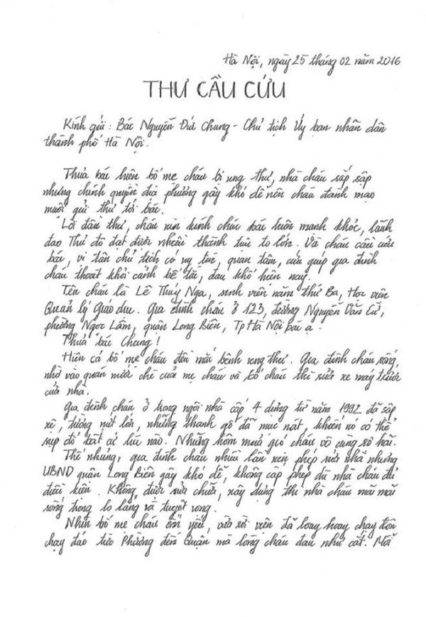 Nội dung bức thư nữ sinh Lê Thuý Nga gửi Chủ tịch UBND TP Hà Nội.
