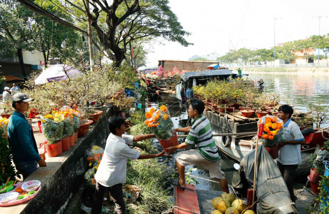 Hối hả vận chuyển hoa lên bờ.