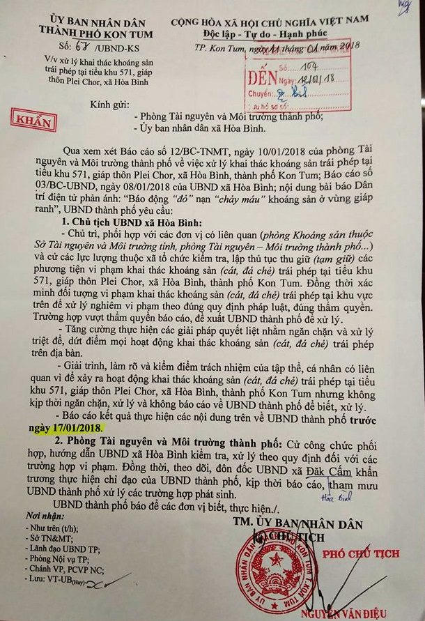 Văn bản số 67/UBND-KS chỉ đạo xử l&yacute; khai th&aacute;c kho&aacute;ng sản tr&aacute;i ph&eacute;p tr&ecirc;n địa b&agrave;n x&atilde; H&ograve;a B&igrave;nh