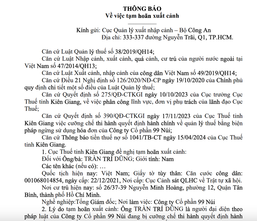 Thông báo của Cục Thuế tỉnh Kiên Giang gửi Cục Quản lý xuất nhập cảnh – Bộ Công an, đề nghị tạm hoãn xuất cảnh đối với ông Trần Trí Dũng.