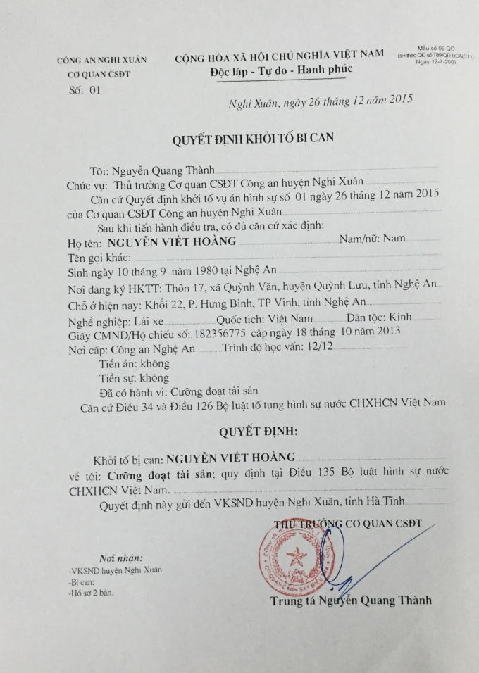 Quyết định khởi tố bị can đối với Nguyễn Viết Hoàng về tội “Cưỡng đoạt tài sản”.
