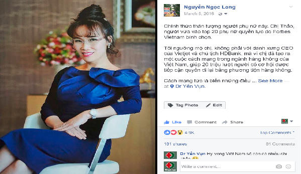 Dòng trạng thái vết về bà Nguyễn Thị Phương Thảo của Blogger Nguyễn Ngọc Long trên Facebook nhận được hơn 5.000 lượt thích.
