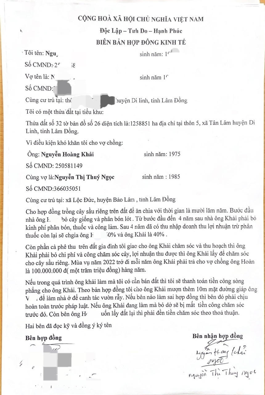 Hợp đồng kinh tế được lập giữa vợ chồng ông H, bà X với vợ chồng ông Khải, bà Ngọc.