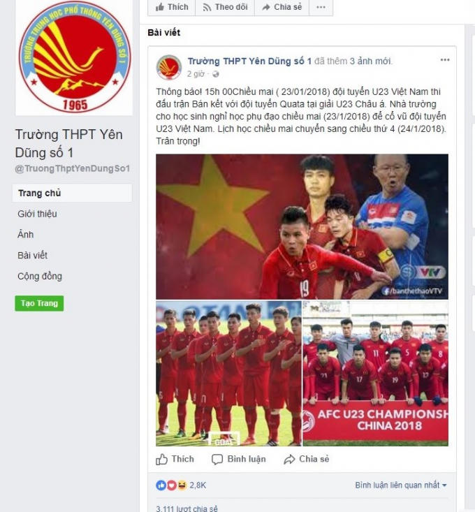Thông báo của trường THPT Yên Dũng số 1. Ảnh: Internet