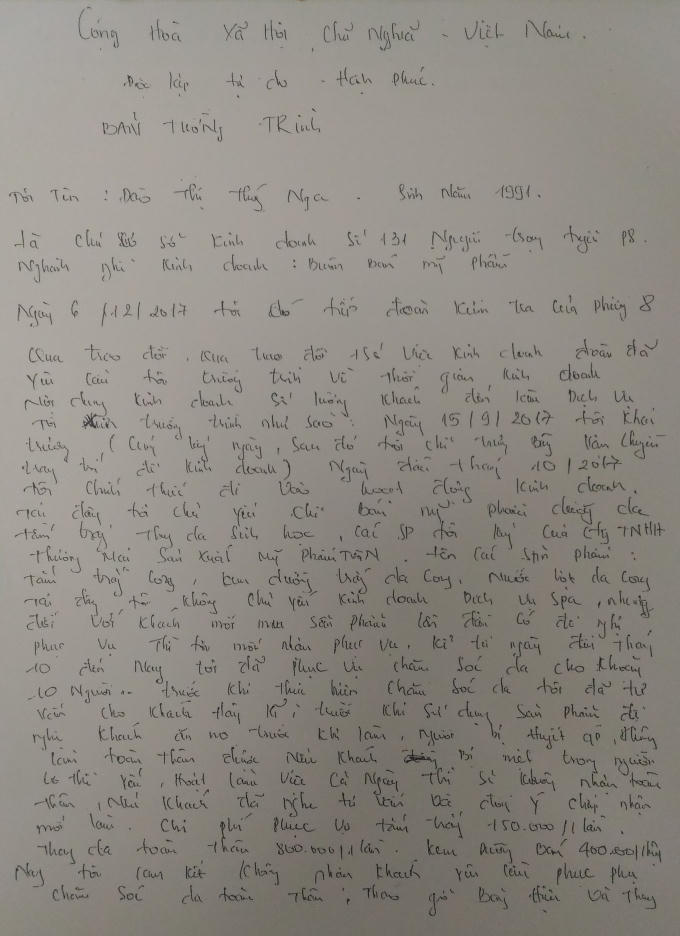 Bản tường trình bà Nga chủ Nga Mona Spa về hành vi lột da, buôn bán mỹ phẩm với cán bộ UBND phường 8.