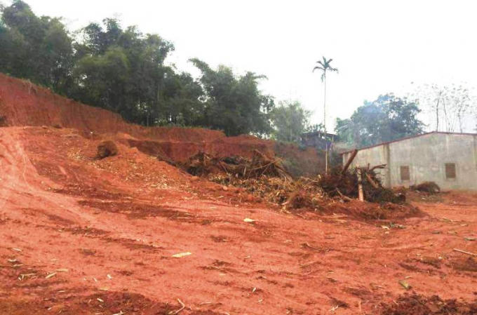 Con rể ông Cúc, Phó chủ tịch UBND huyện múc đất nát quả đồi trước gần cổng UBND xã. Ảnh: Nguyệt Chi