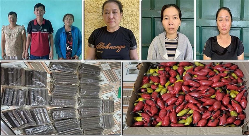 Chân dung nhóm đối tượng cùng tang vật thu giữ. Ảnh: bocongan.gov.vn