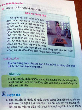 Bài học về lòng dũng cảm trong cuốn sách dạy kỹ năng sống cho học sinh lớp 1. Ảnh: Lan Hạ.