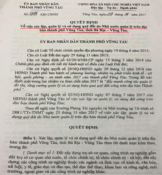 Quyết định số 6195/QĐ-UBND về việc xác lập, quản lý và sử dụng quỹ đất do Nhà nước quản lý trên địa bàn TP.Vũng Tàu do ông Hoàng Vũ Thảnh - Phó Chủ tịch UBND TP.Vũng Tàu ký.