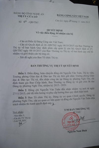 Quyết định điều động, luân chuyển cán bộ gây tranh cãi của BTV Thị ủy Cửa Lò. Ảnh Duy Ngợi