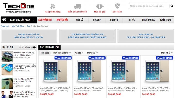 Ảnh chụp trang web của TechOne lúc 17h ngày 14/11/2015