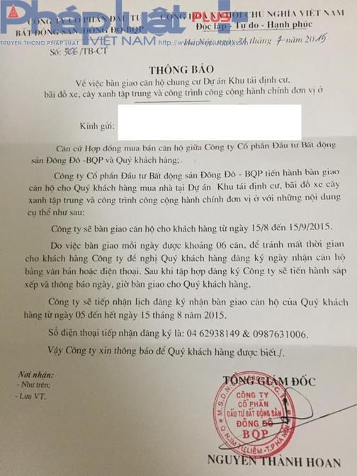 Thông báo về việc bàn giao căn hộ do chủ đầu tư gửi cư dân chung cư Đông Đô.
