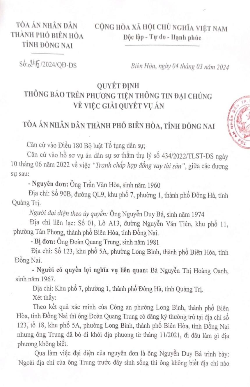 Quyết định của Toà án nhân dân thành phố Biên Hoà.