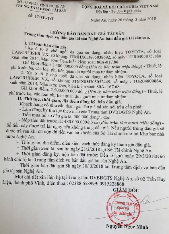 Mặc dù đã 3 lần đưa ra bán đấu giá nhưng hiện tại vẫn chưa có tổ chức, cá nhân nào đăng ký mua hai chiếc xe Toyota Land Cuiser.