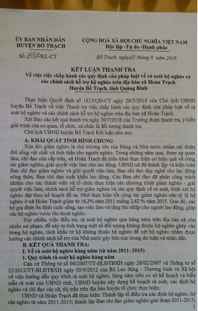 Kết luận Thanh tra cảu UBND huyện Bố Trạch.