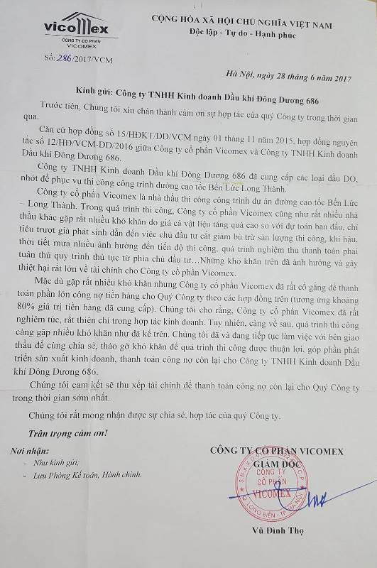 Công văn số 286/2017/VCM của Công ty Vicomex gửi Công ty Đông Dương 686.