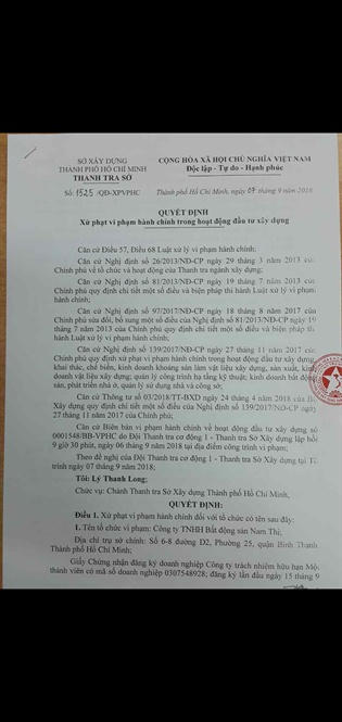 Xây trái phép, sở Xây dựng ra quyết định xử phạt chủ đầu tư