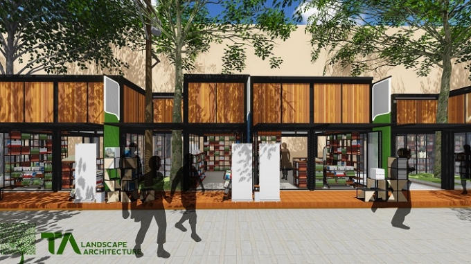 Không gian trưng bày, buôn bán được thiết kế bằng gỗ và thép có màu sắc gần giống với tông của nhà thờ Đức Bà huyền thoại, làm nên nét văn hóa Sài Gòn