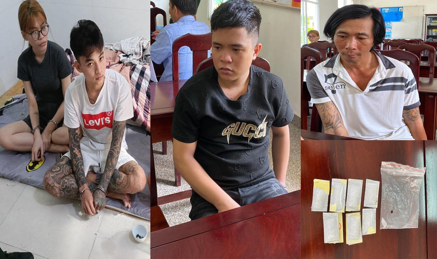 4 đối tượng Trần Ngọc Anh Thư, Thạch Trí Cường, Nguyễn Chí Cường và Lê Trọng Thắng cùng tang vật. (Hình: BĐBP BRVT)
