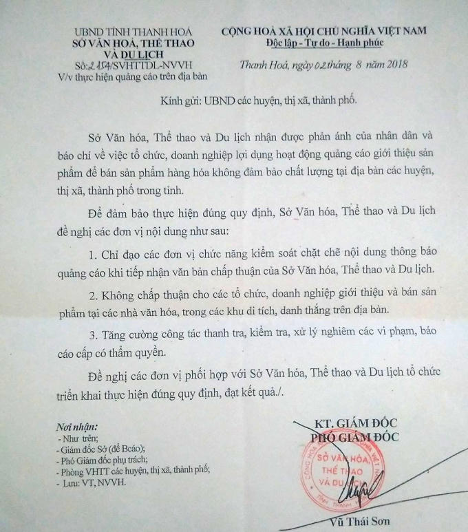 Công văn "không chấp nhận giới thiệu và bán sản phẩm" của Sở VH-TT-DL