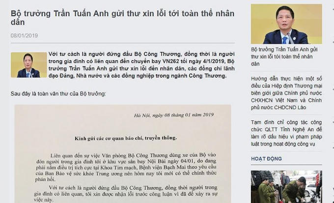 Ảnh chụp màn hình thư xin lỗi của Bộ trưởng Trần Tuấn Anh.