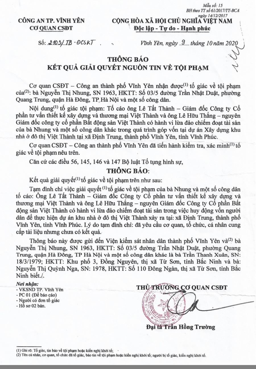 Thông báo tạm đình chỉ giải quyết tố giác tội phạm (lần 1) của Cơ quan Cảnh sát điều tra thành phố Vĩnh Yên