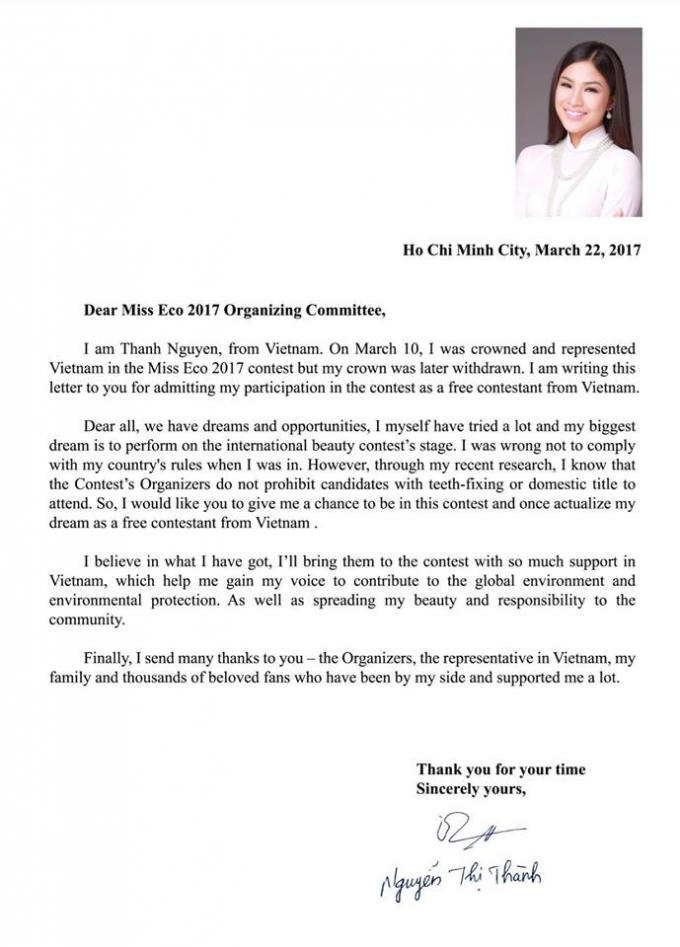 Thư Nguyễn Thị Thành gửi BTC cuộc thi Miss Eco International 2017.