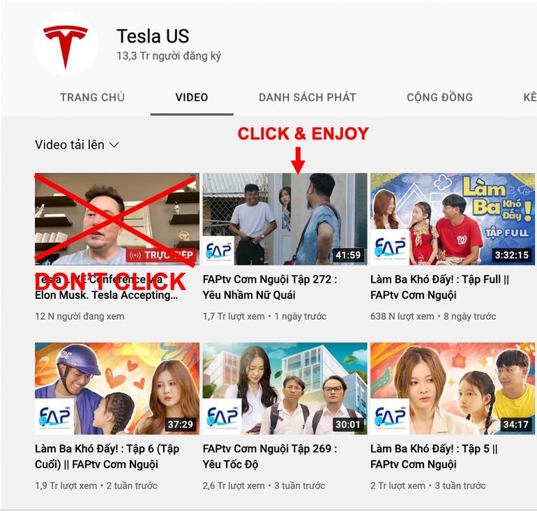 Kênh Youtube của FapTV bị hacker chiếm đoạt và đăng tải video kèm đường link lừa đảo về tiền điện tử (Ảnh: Facebook FapTV).