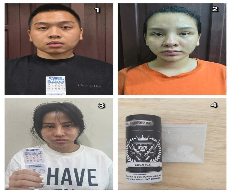 3 đối tượng Quốc Anh, Minh Anh, Linh và vật chứng thu giữ.