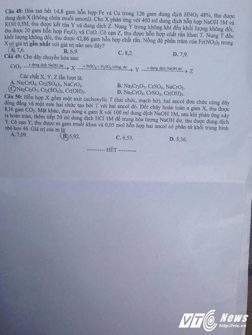 Đề thi môn Hóa học năm 206. VTC News.