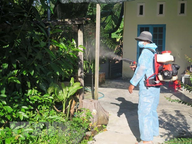 Lực lượng y tế phun hóa chất diệt muỗi tại khu dân cư. (Ảnh minh họa: Dư Toán/TTXVN)