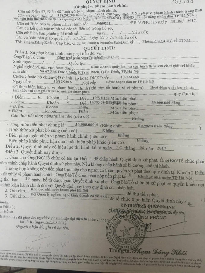 Quyết định xử phạt hoạt động qu&aacute; giờ bar F Club H&agrave; Nội