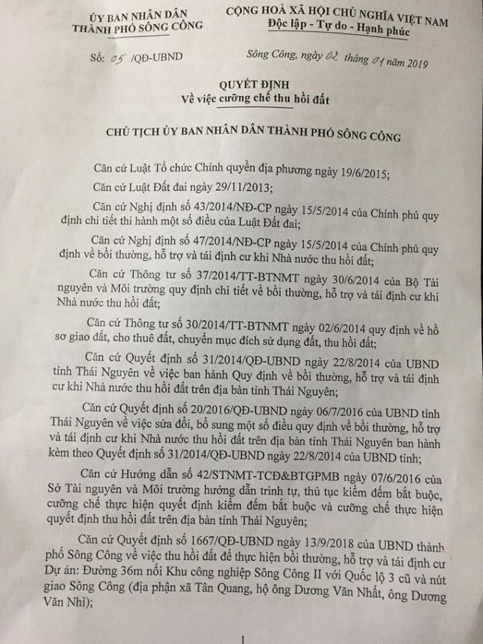 UBND TP Sông Công, Thái Nguyên vừa ra quyết định số 05/QĐ-UBND ngày 2/1/2019 thực hiện việc cưỡng chế thu hồi diện tích đất đối với gia đình nhà ông Dương Văn Nhất và ông Dương Văn Nhì.