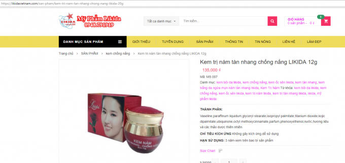 Quảng cáo trên trang web có tên miền: Likidavietnam.com của công ty Likida sai quy định? (Ảnh chụp màn hình)