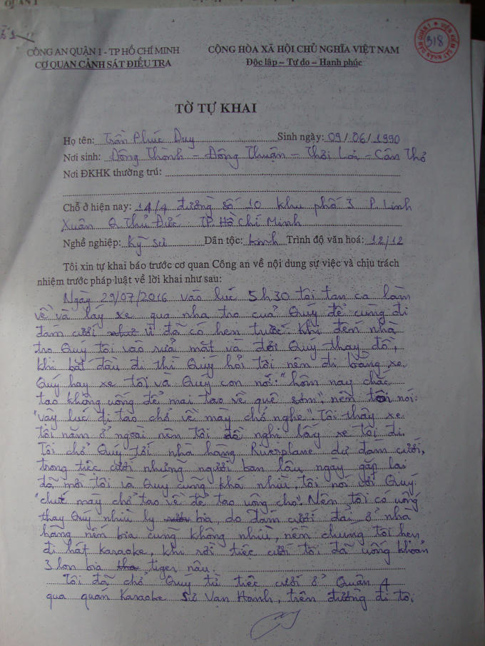 Bản tự khai của Trần Phúc Duy.