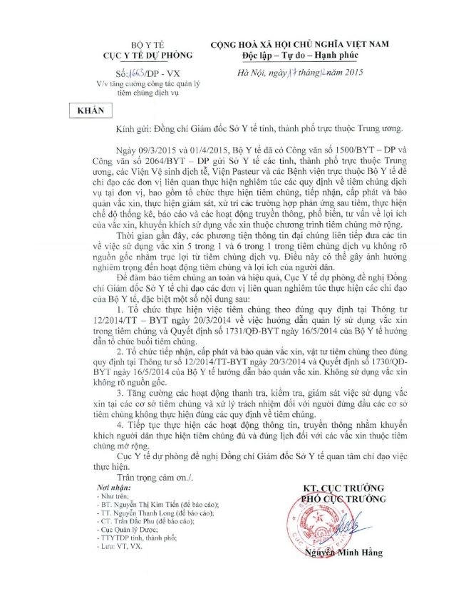 Công văn chỉ đạo tăng cường công tác quản lý tiêm chủng dịch vụ của Cục Y tế dự phòng (Bộ Y tế).