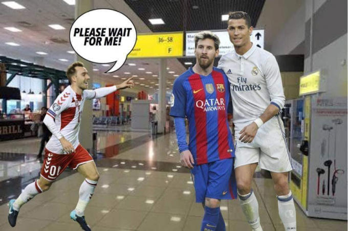 Messi và Ronaldo đừng vội, chờ Tây Ban Nha, Đan Mạch theo với. Thay vì sân vận động, sân bay chính là nơi hội ngộ những tên tuổi lớn của bóng đá thế giới. Ảnh: Troll Football.