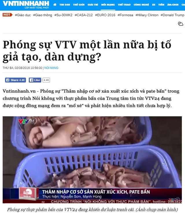 VTV24 khiếu nại Infonet, Dân Việt, Đại Đoàn Kết về vụ đưa tin VTV dàn dựng phóng sự pate, xúc xích bẩn