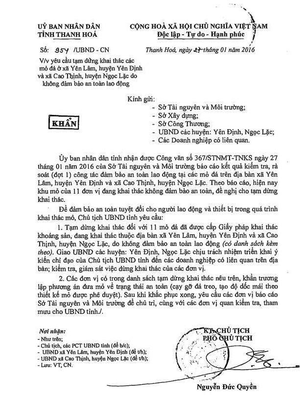 Công văn khẩn số 954/UBND-CN đề nghị tạm dừng 11 mỏ khai thác đá